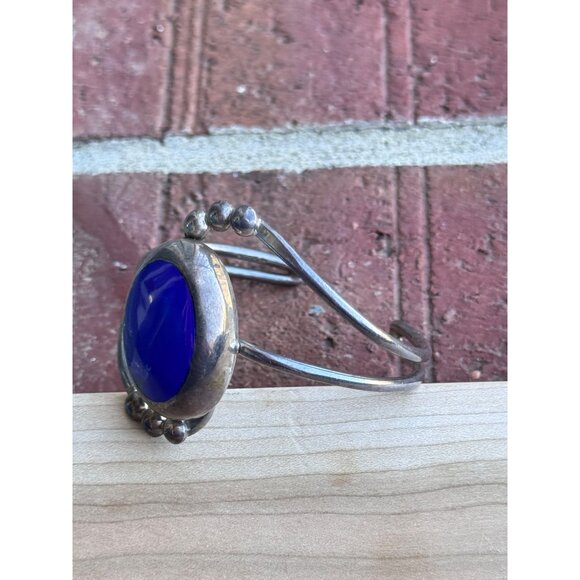 Sterling Silver Cuff Bracelet With Lapis Lazuli Stone & Beaded Detailing - Picture 3 of 7